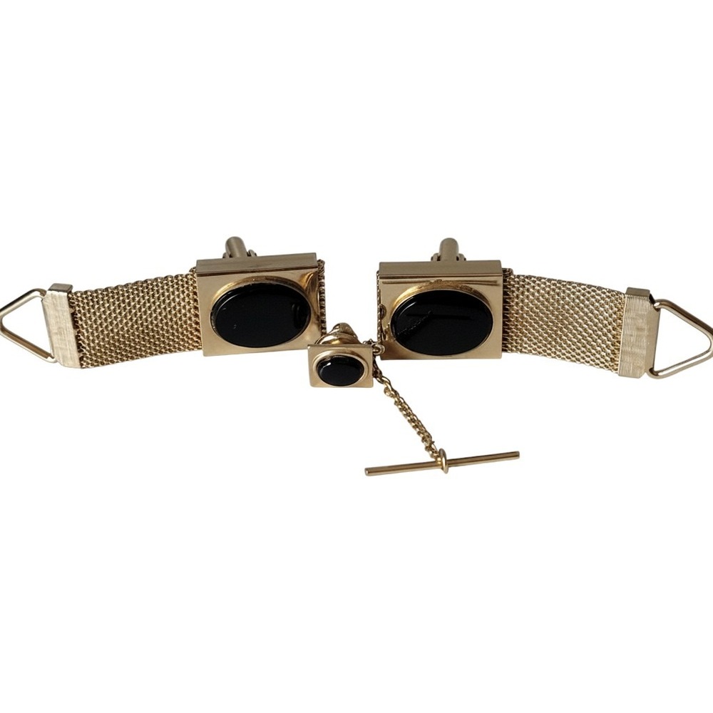 VTG Swank Gold Mesh Wrap Cufflinks Tie Tack Set, MCM Black Cabochon Cuff Links